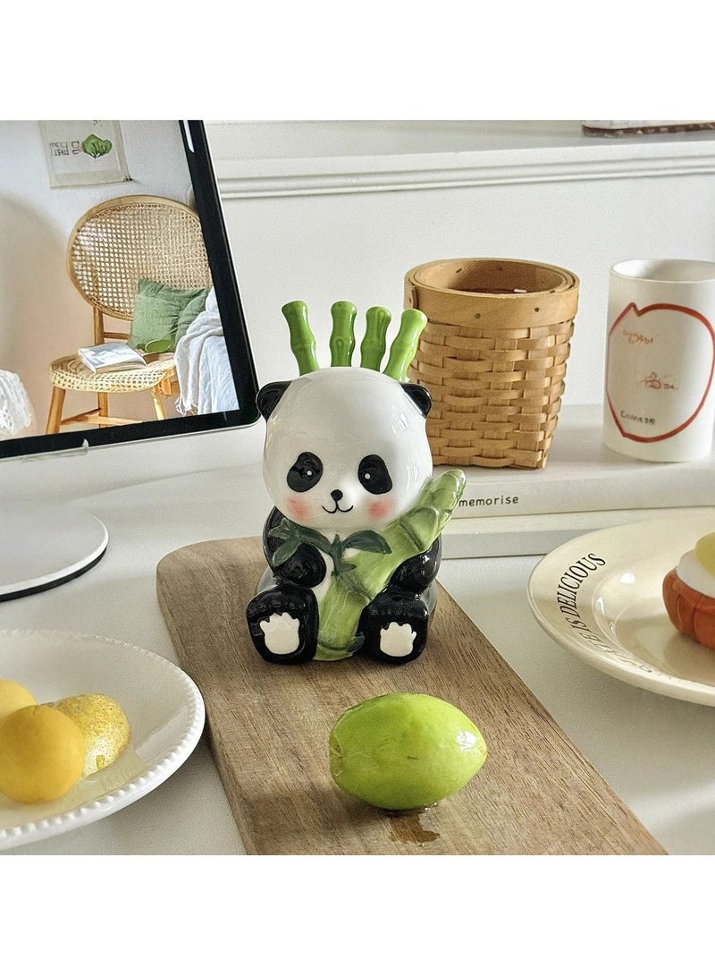 Panda Holding Bamboo Fruit Fork Set Cute Stainless Steel Dessert Cake Forks Bamboo Fruit Skewer Storage Jar - Image 3